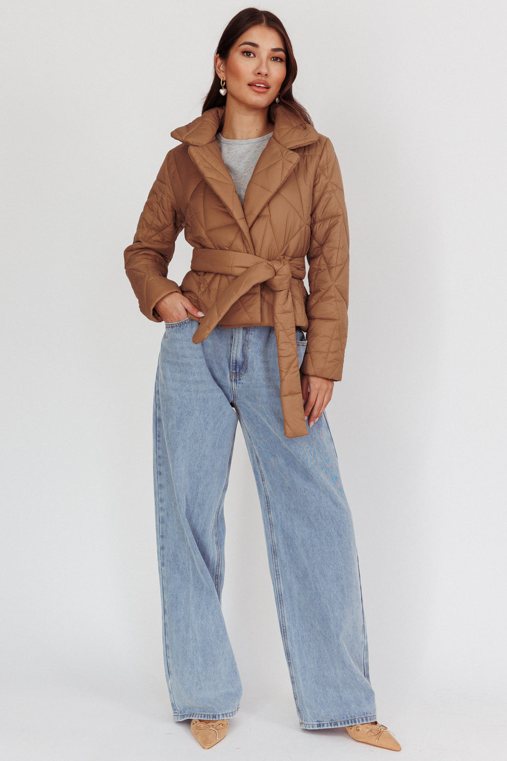 Kiersten Waist Tie Puffer Jacket Mocha by Selfie Leslie Australia