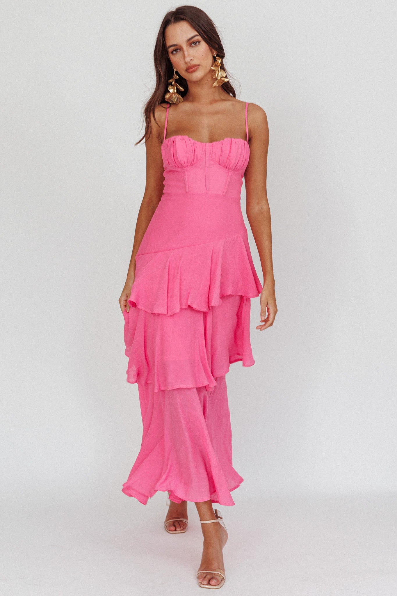 Madrid Summer Tiered Ruffle Maxi Dress Pink by Selfie Leslie Australia