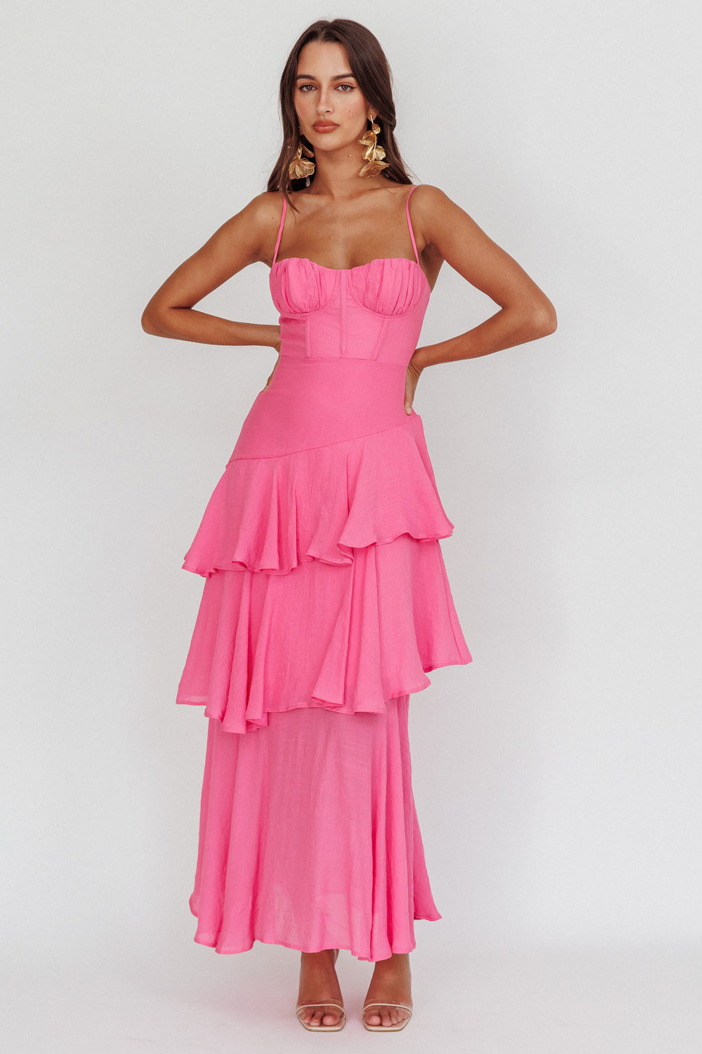 Madrid Summer Tiered Ruffle Maxi Dress Pink by Selfie Leslie Australia