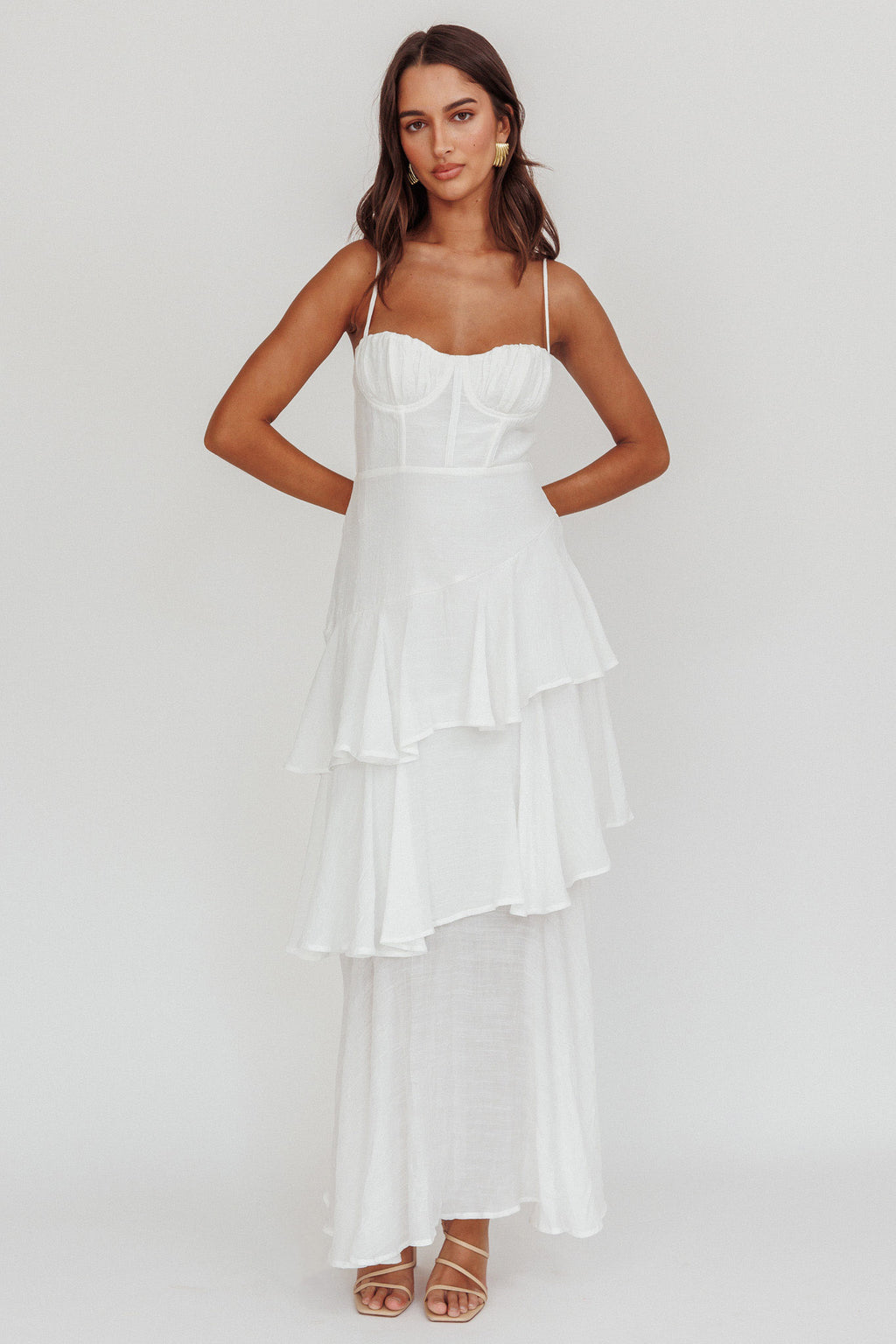 Madrid Tiered Ruffle Maxi Dress White by Selfie Leslie Australia