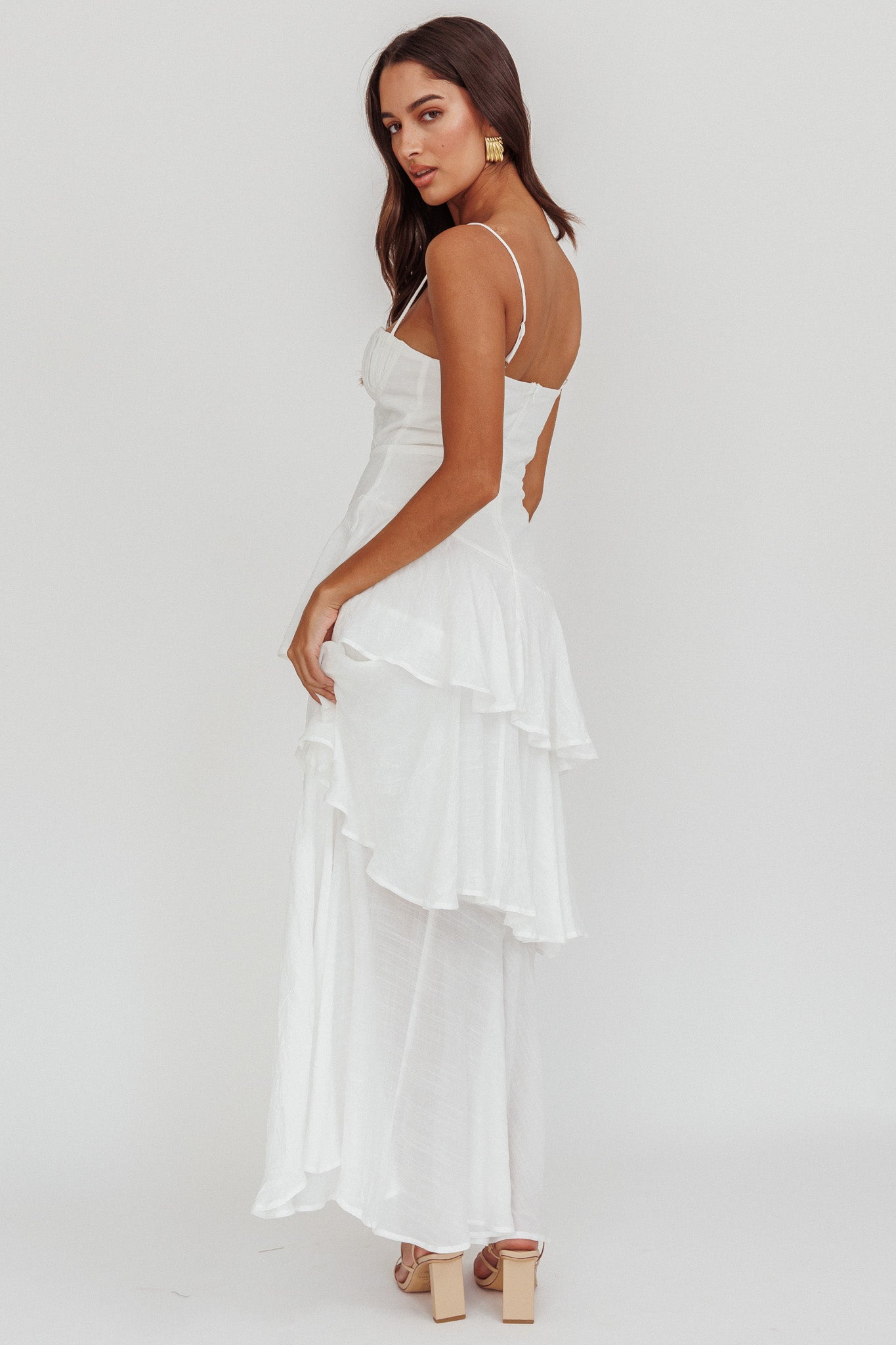 Madrid Tiered Ruffle Maxi Dress White by Selfie Leslie Australia