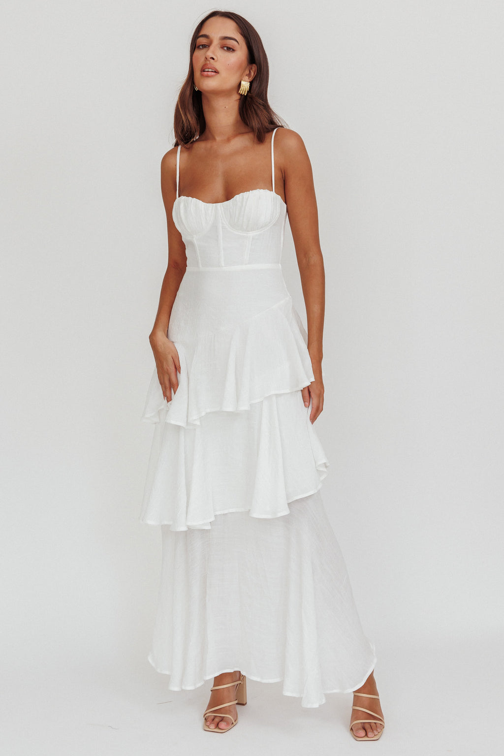 Madrid Tiered Ruffle Maxi Dress White by Selfie Leslie Australia