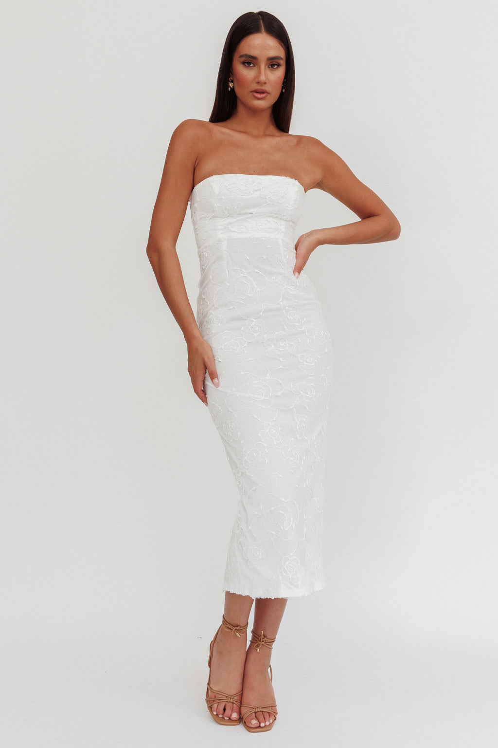 Bia Strapless Embroidered Midi Dress White by Selfie Leslie Australia
