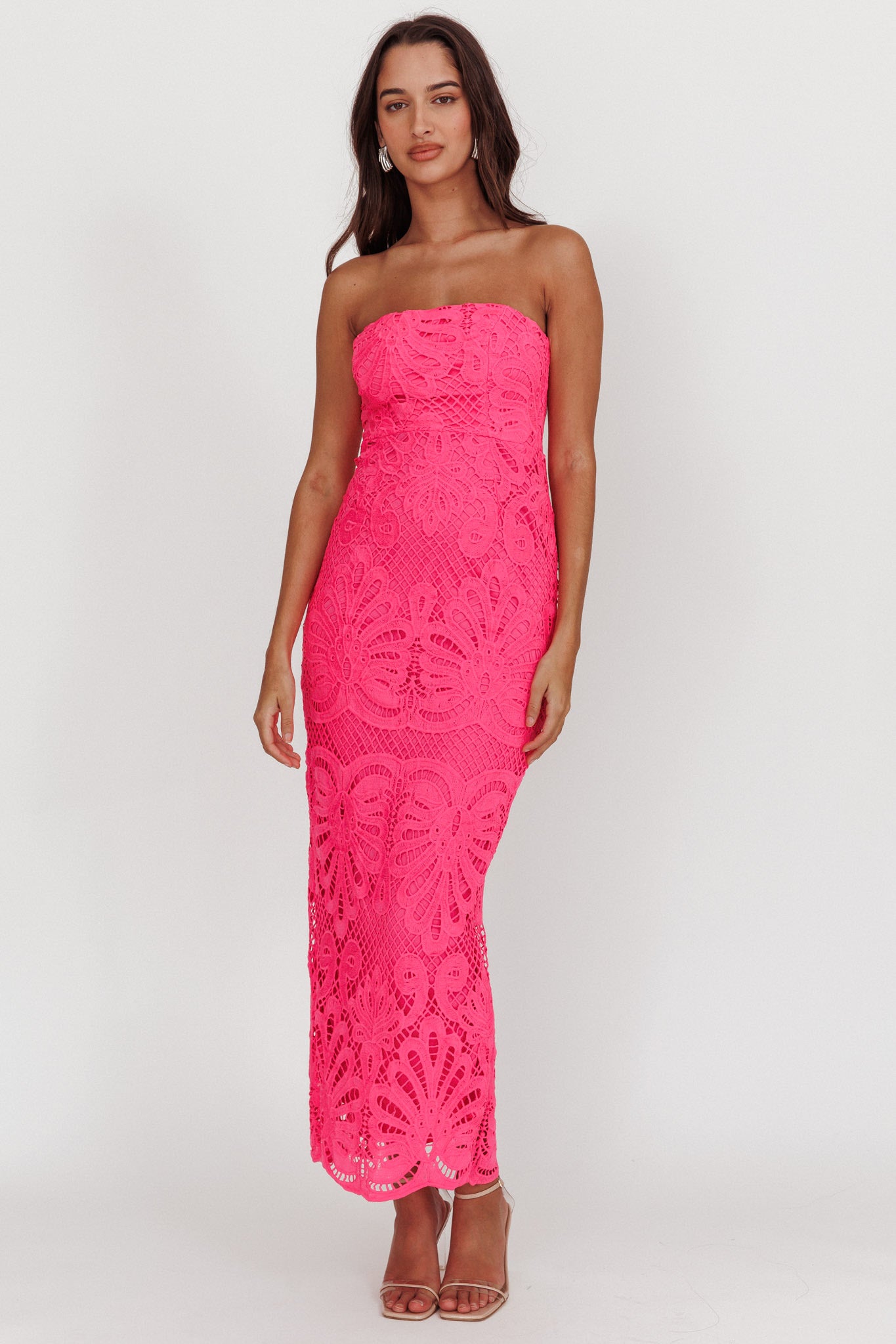Bia Strapless Lace Embroidered Maxi Dress Hot Pink by Selfie Leslie Australia