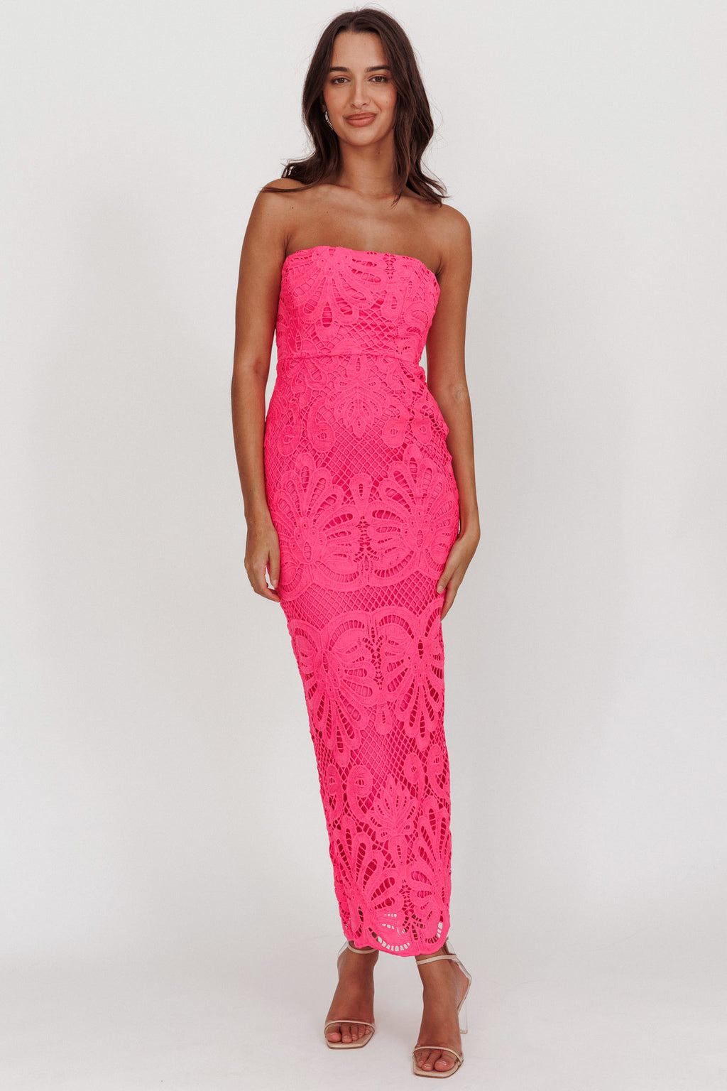 Bia Strapless Lace Embroidered Maxi Dress Hot Pink by Selfie Leslie Australia