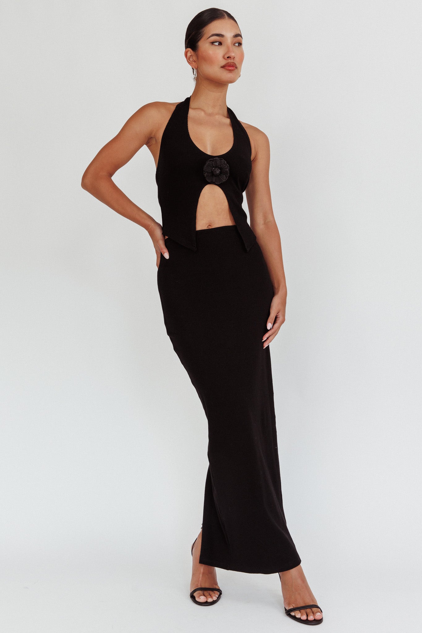 Blackthorn Halter Neck Rosette Top Black by Selfie Leslie Australia