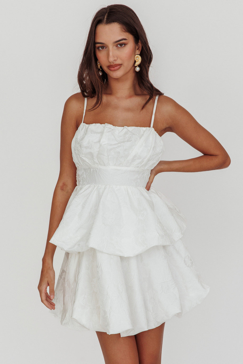 Zilara Bubble Hem Bow Mini Dress Jacquard White by Selfie Leslie Australia