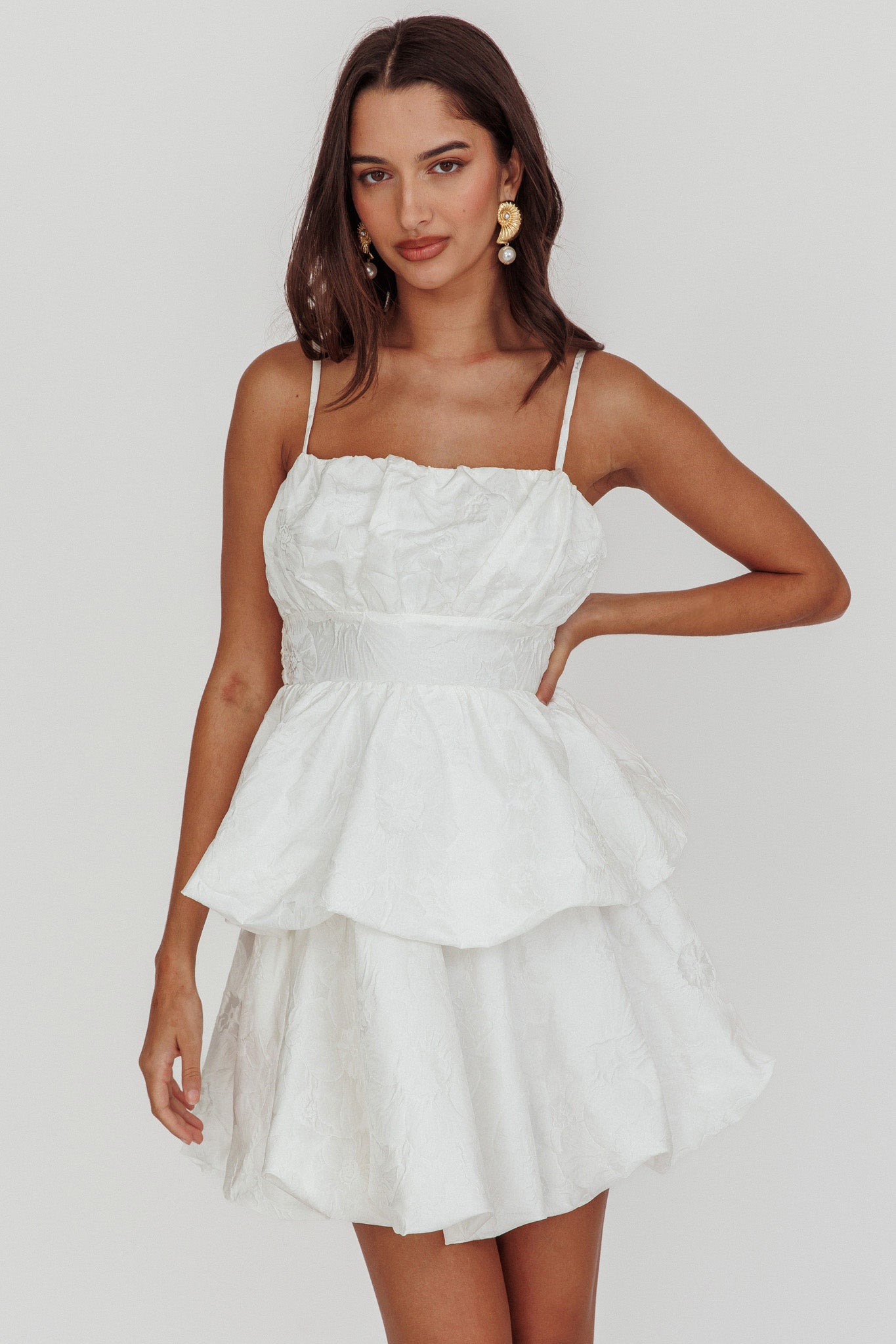 Zilara Bubble Hem Bow Mini Dress Jacquard White by Selfie Leslie Australia