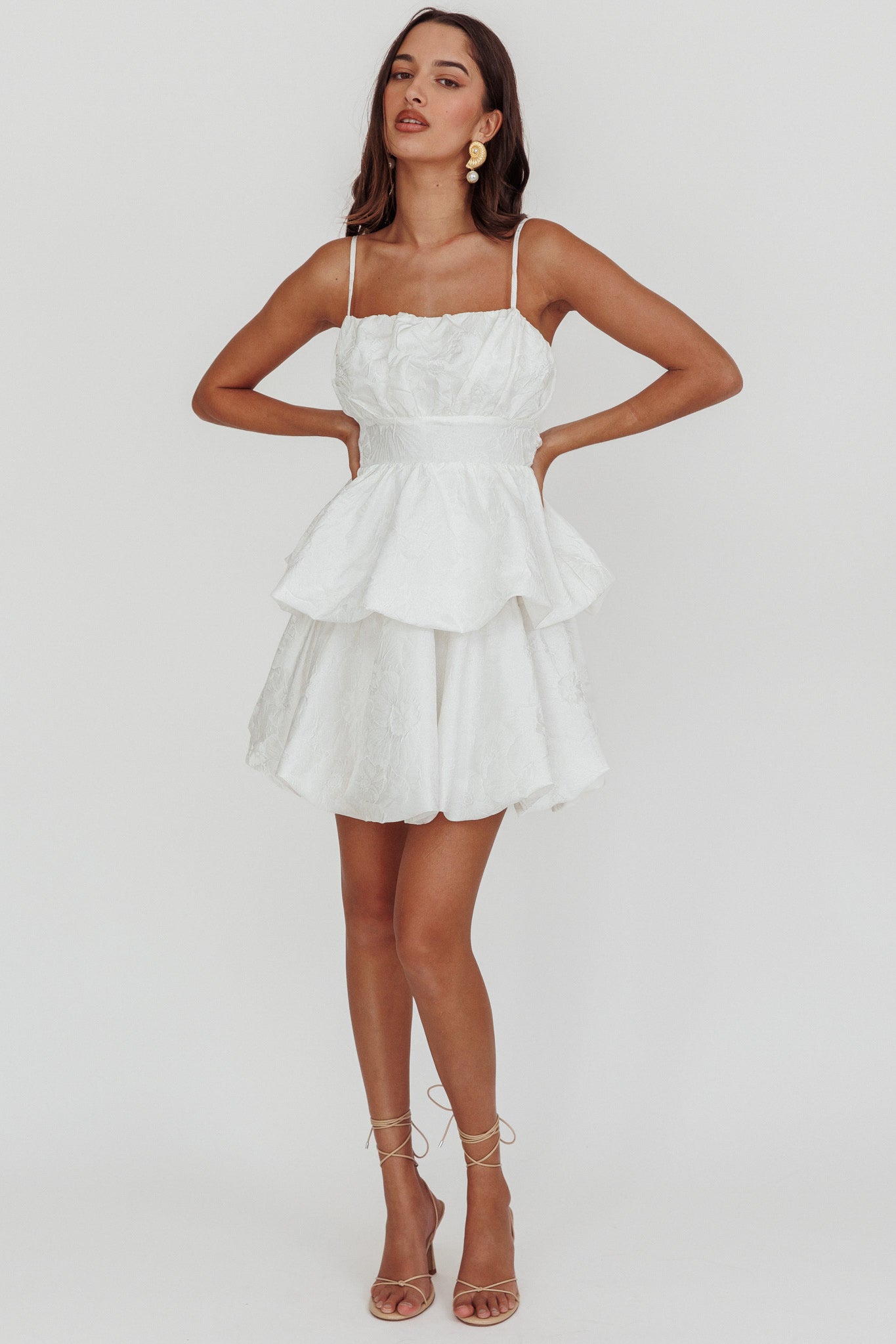 Zilara Bubble Hem Bow Mini Dress Jacquard White by Selfie Leslie Australia