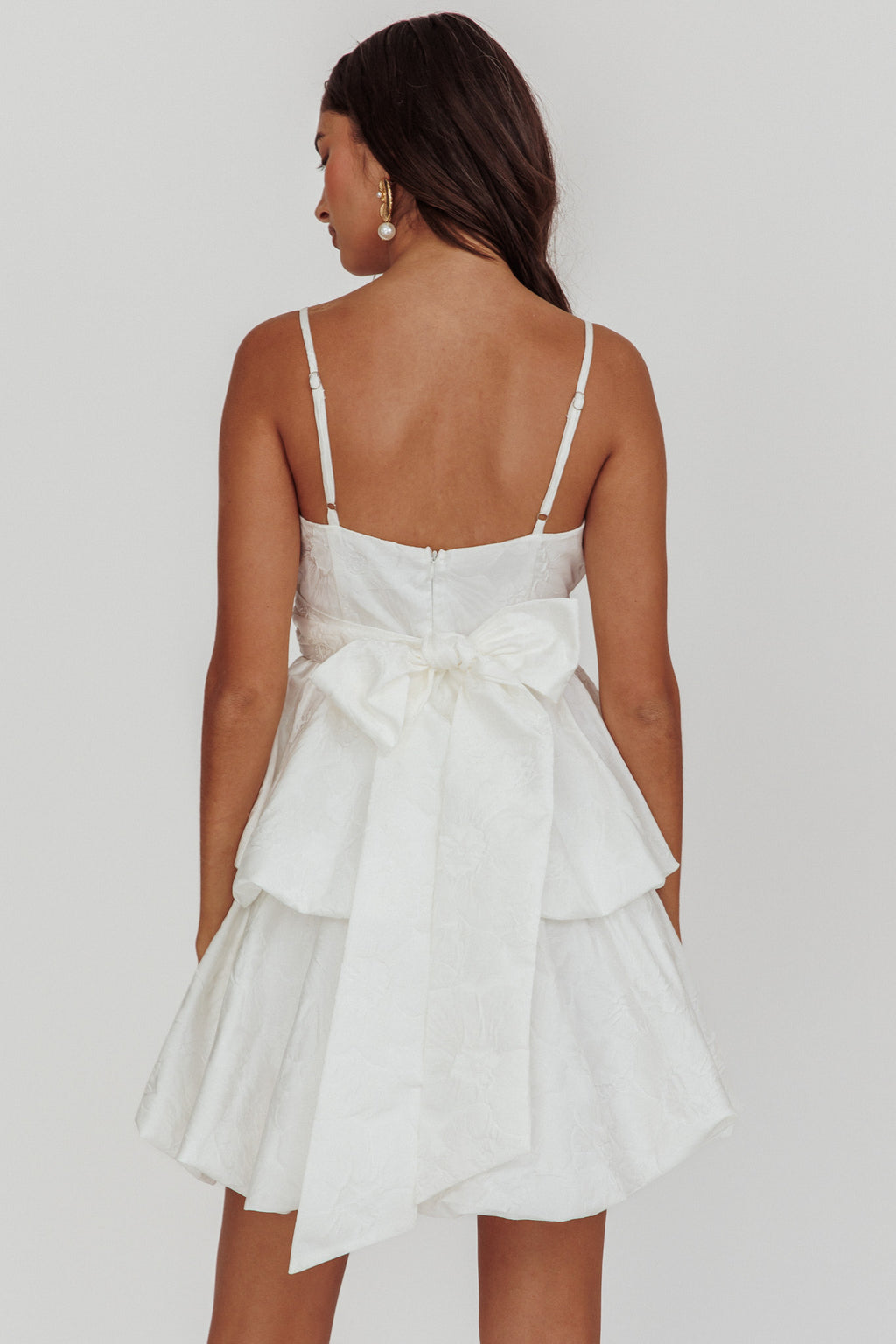 Zilara Bubble Hem Bow Mini Dress Jacquard White by Selfie Leslie Australia