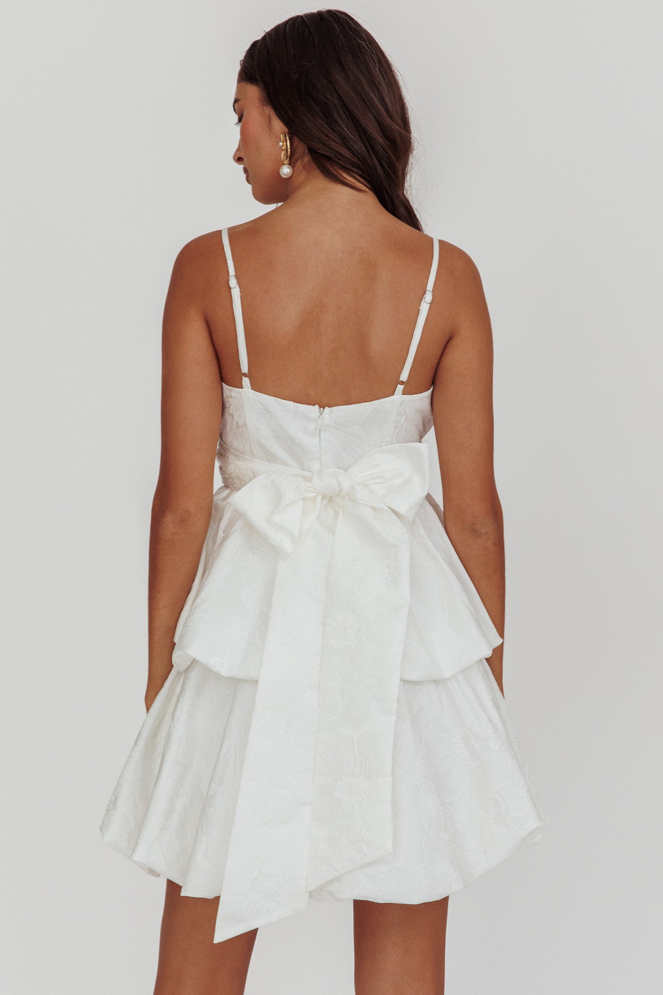 Zilara Bubble Hem Bow Mini Dress Jacquard White by Selfie Leslie Australia