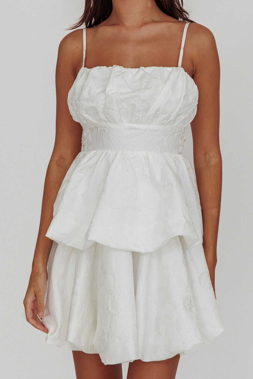 Zilara Bubble Hem Bow Mini Dress Jacquard White by Selfie Leslie Australia