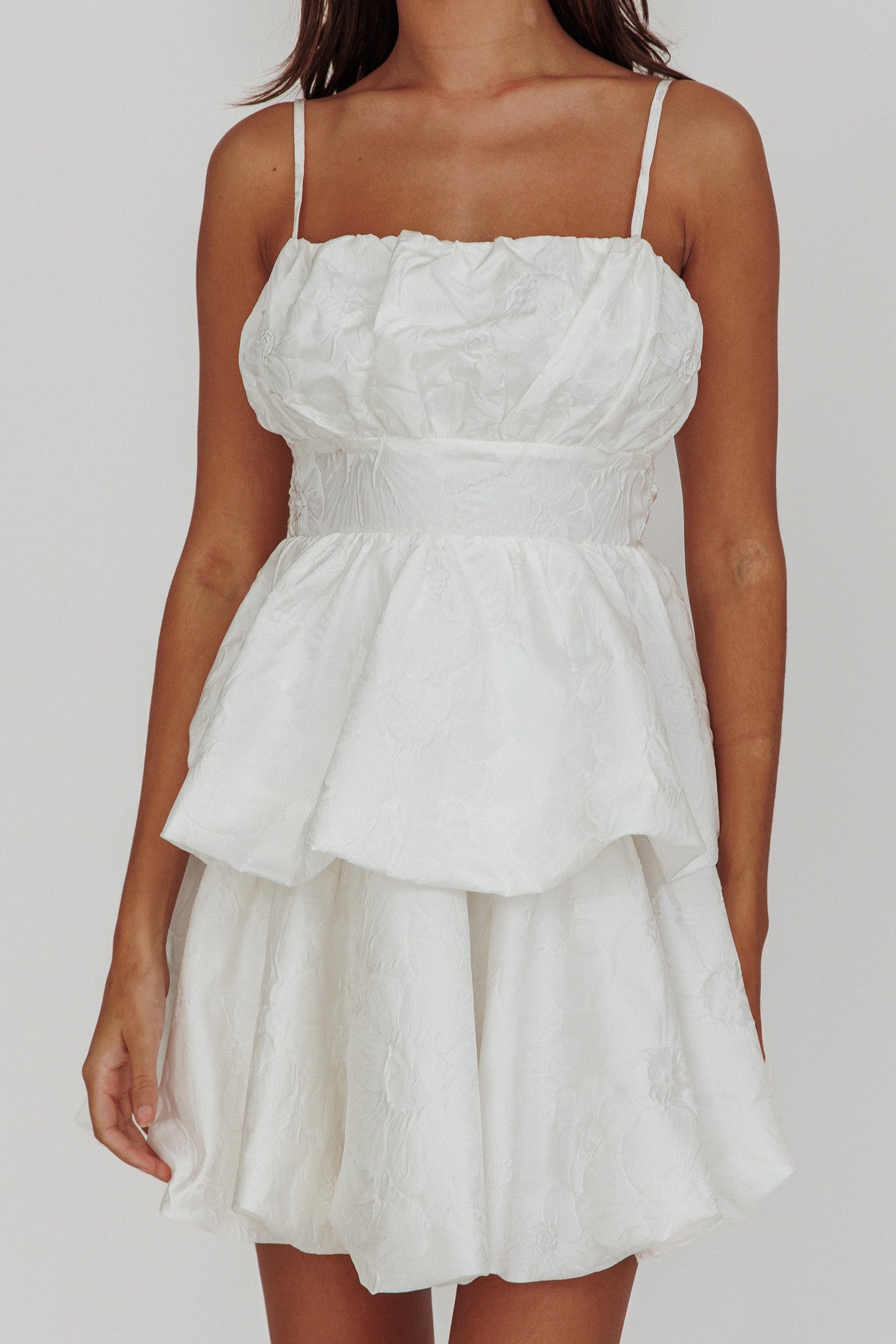Zilara Bubble Hem Bow Mini Dress Jacquard White by Selfie Leslie Australia