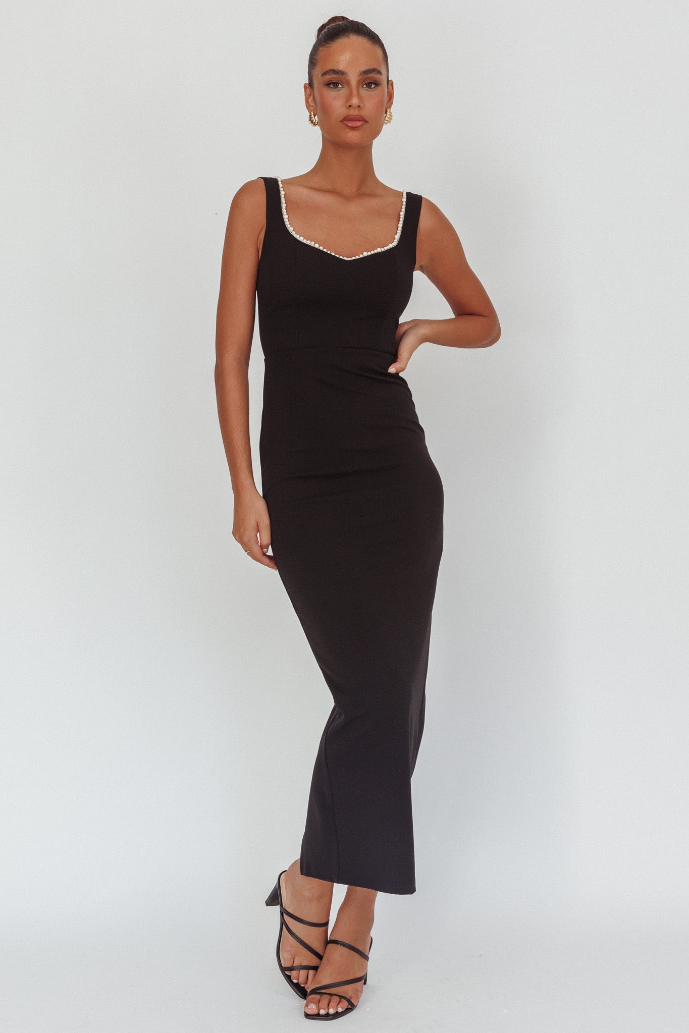 This Magic Moment Pearl Trim Maxi Dress Black by Selfie Leslie Australia