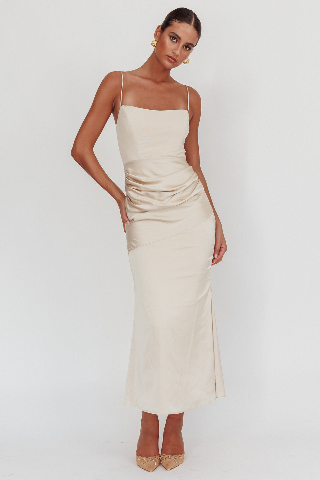 Morella Draped Waist Maxi Dress Champagne by Selfie Leslie Australia