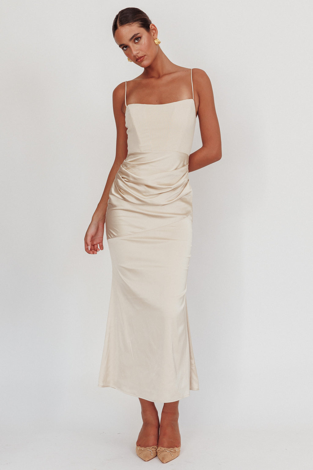 Morella Draped Waist Maxi Dress Champagne by Selfie Leslie Australia