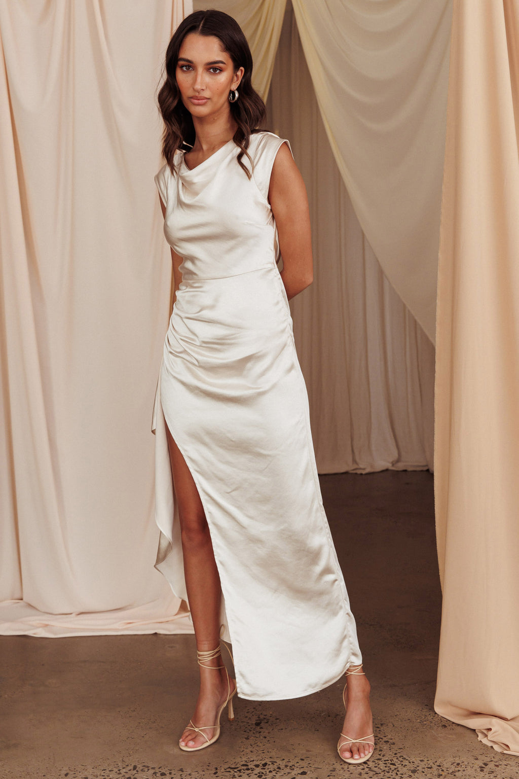 Grecian Cap Sleeve Cowl Back Dress Champagne by Selfie Leslie Australia