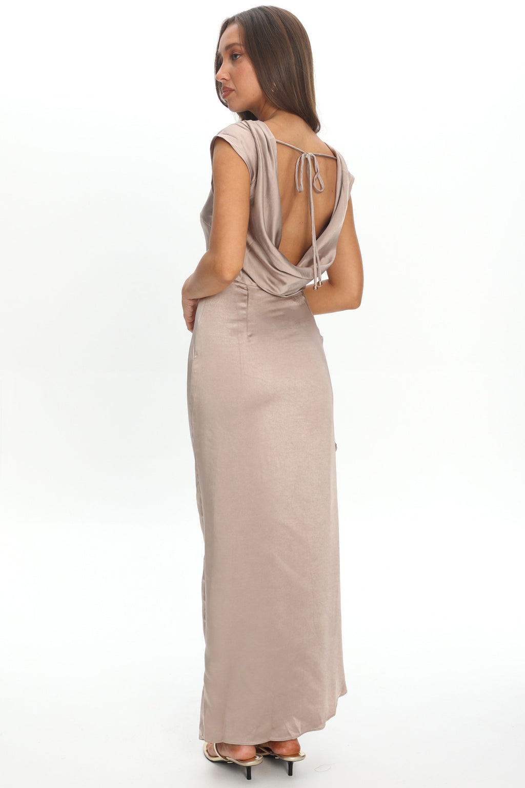 Grecian Cap Sleeve Cowl Back Dress Mocha by Selfie Leslie Australia