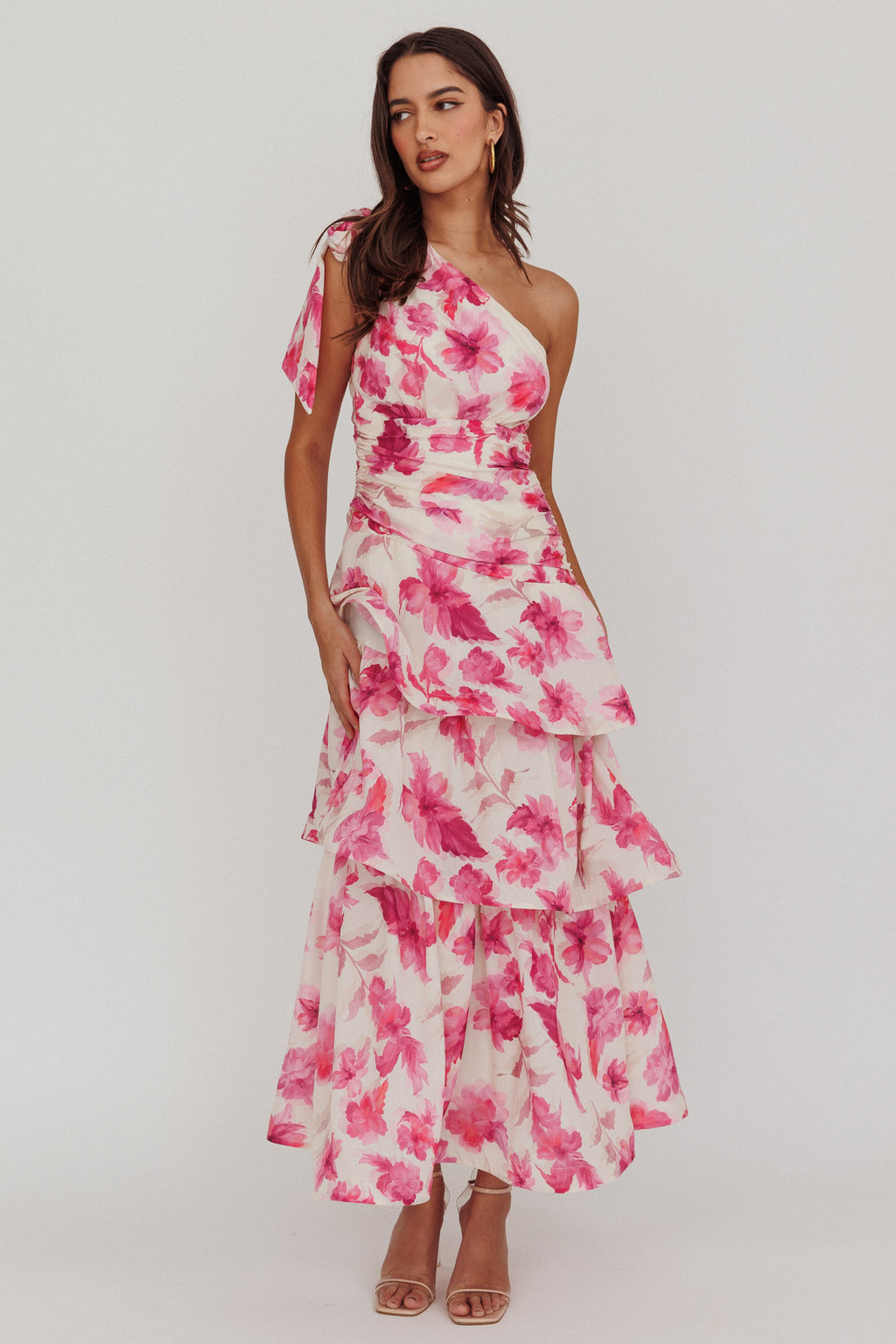 Kenny One Shoulder Tiered Floral Maxi Dress Pink by Selfie Leslie Australia