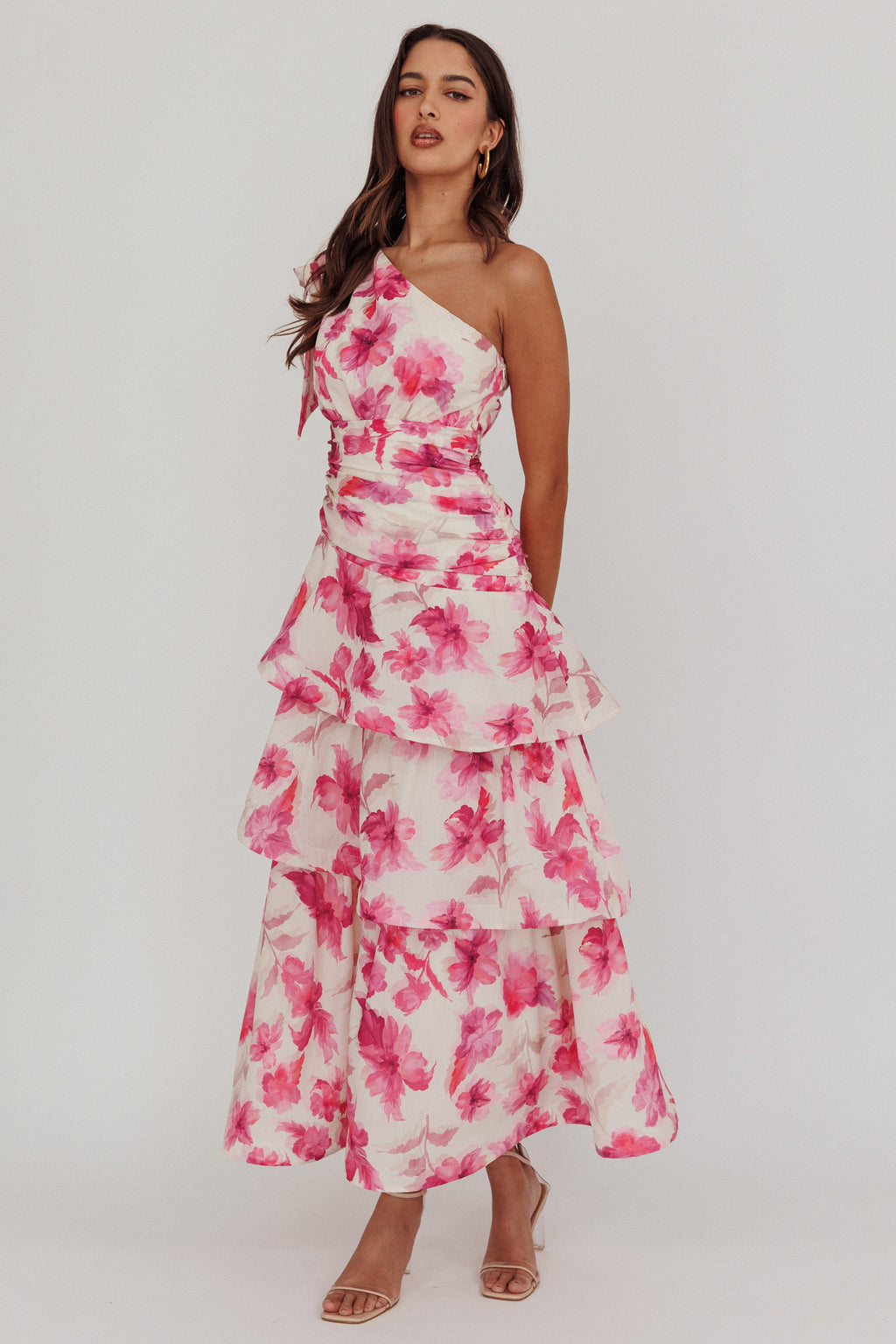Kenny One Shoulder Tiered Floral Maxi Dress Pink by Selfie Leslie Australia