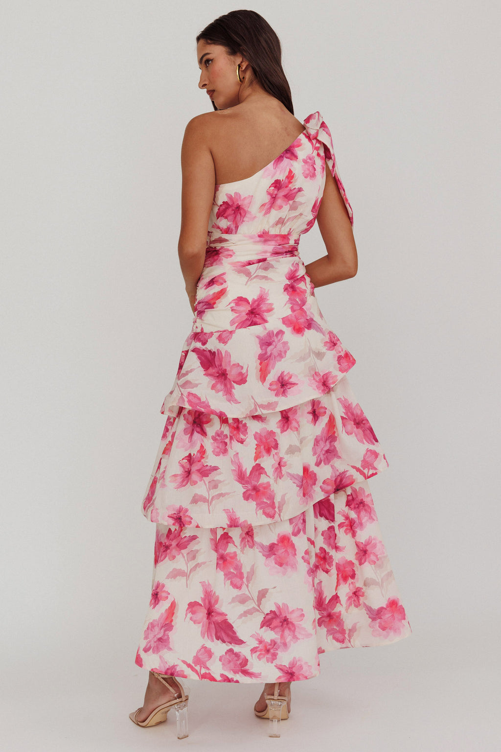 Kenny One Shoulder Tiered Floral Maxi Dress Pink by Selfie Leslie Australia