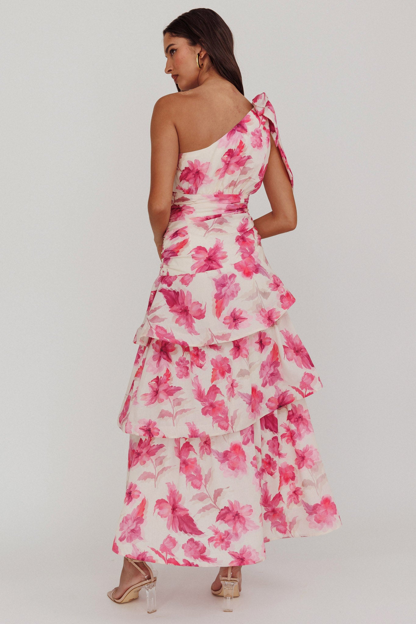 Kenny One Shoulder Tiered Floral Maxi Dress Pink by Selfie Leslie Australia