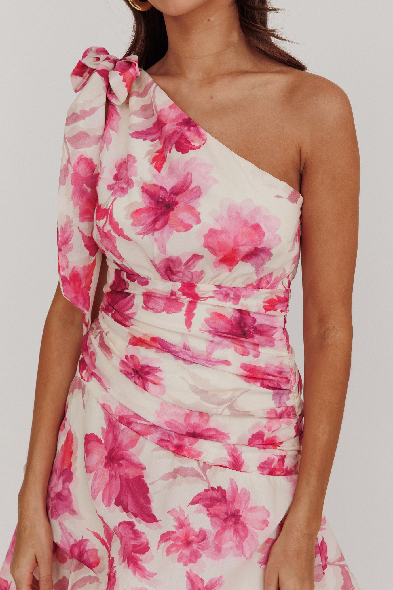 Kenny One Shoulder Tiered Floral Maxi Dress Pink by Selfie Leslie Australia