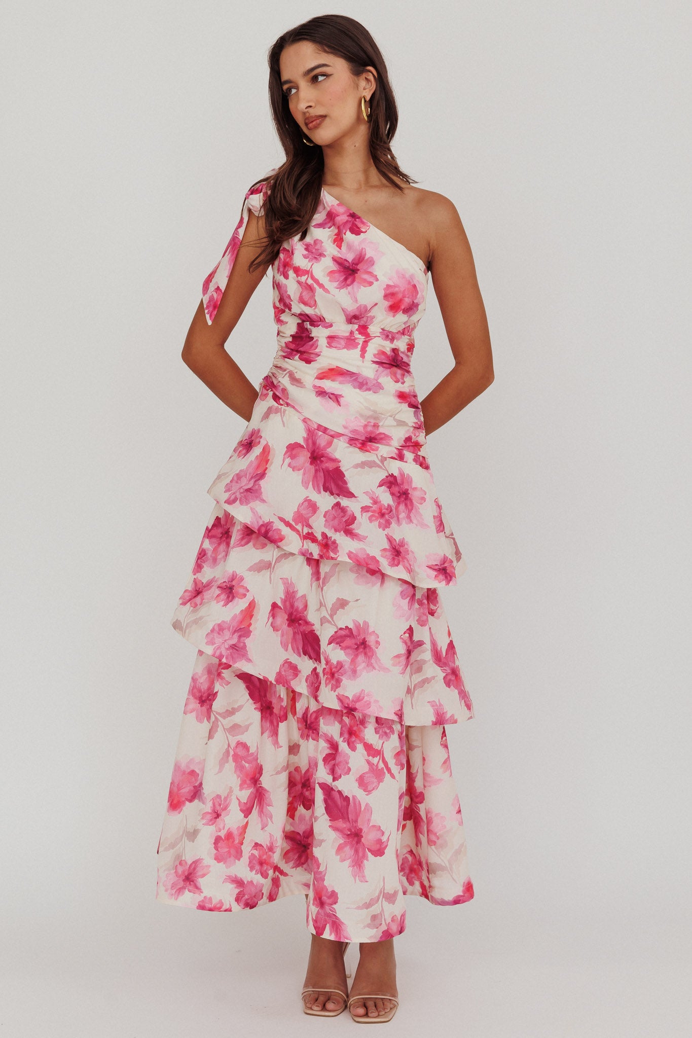 Kenny One Shoulder Tiered Floral Maxi Dress Pink by Selfie Leslie Australia