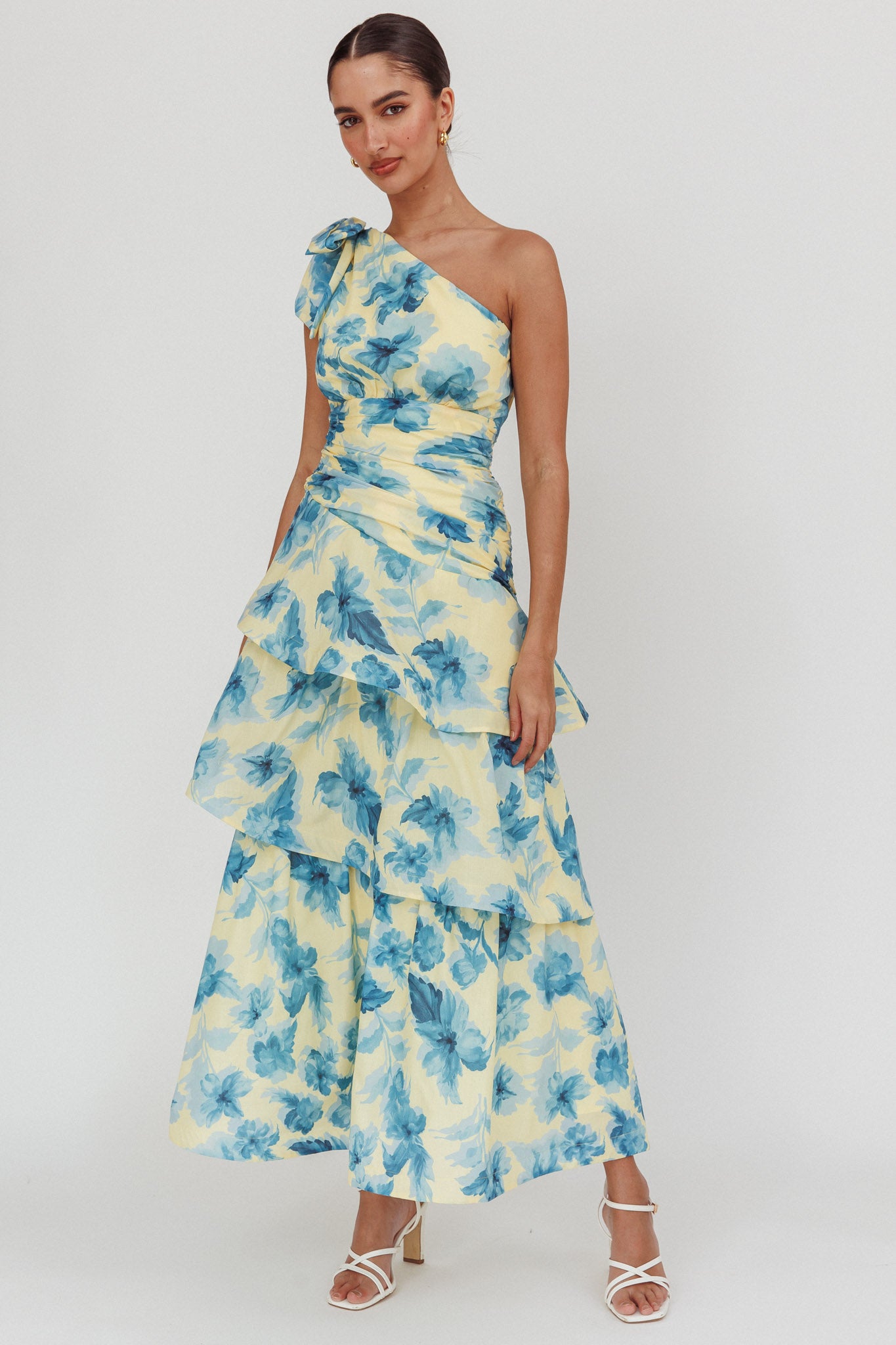 Kenny One Shoulder Tiered Floral Maxi Dress Yellow by Selfie Leslie Australia