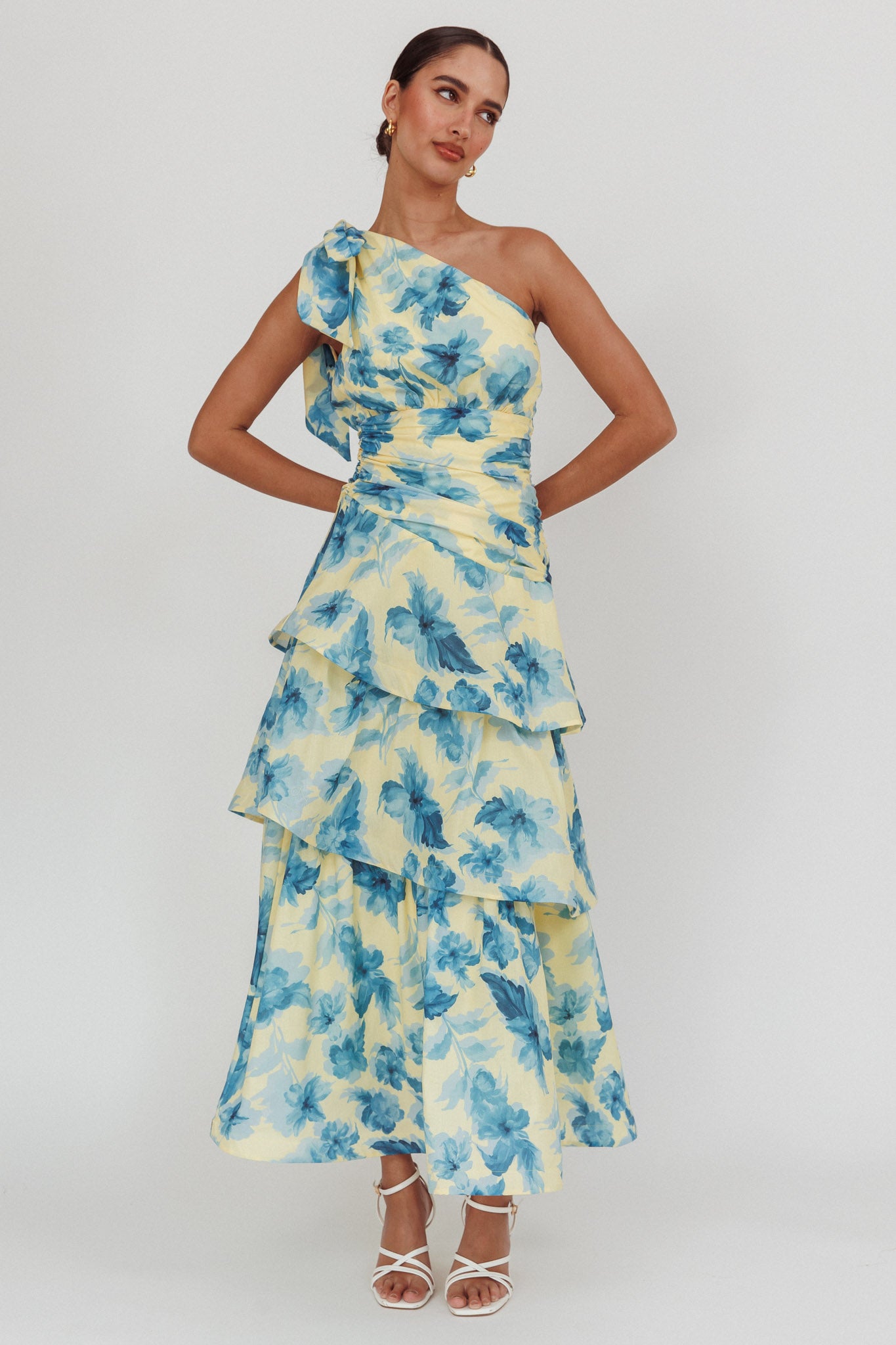 Kenny One Shoulder Tiered Floral Maxi Dress Yellow by Selfie Leslie Australia