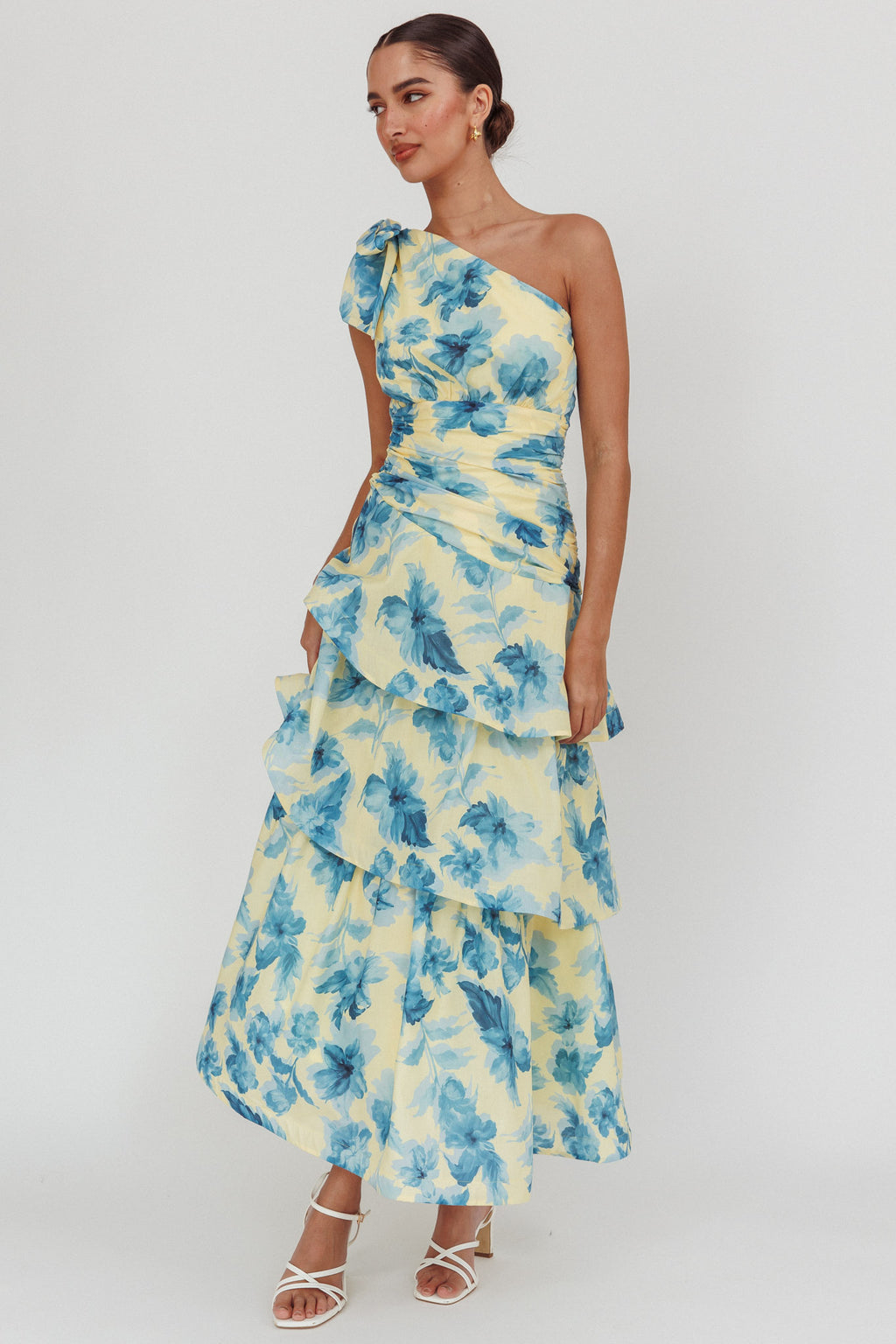 Kenny One Shoulder Tiered Floral Maxi Dress Yellow by Selfie Leslie Australia