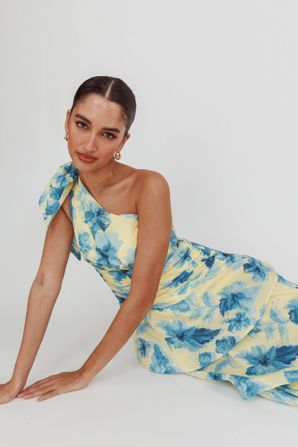 Kenny One Shoulder Tiered Floral Maxi Dress Yellow by Selfie Leslie Australia