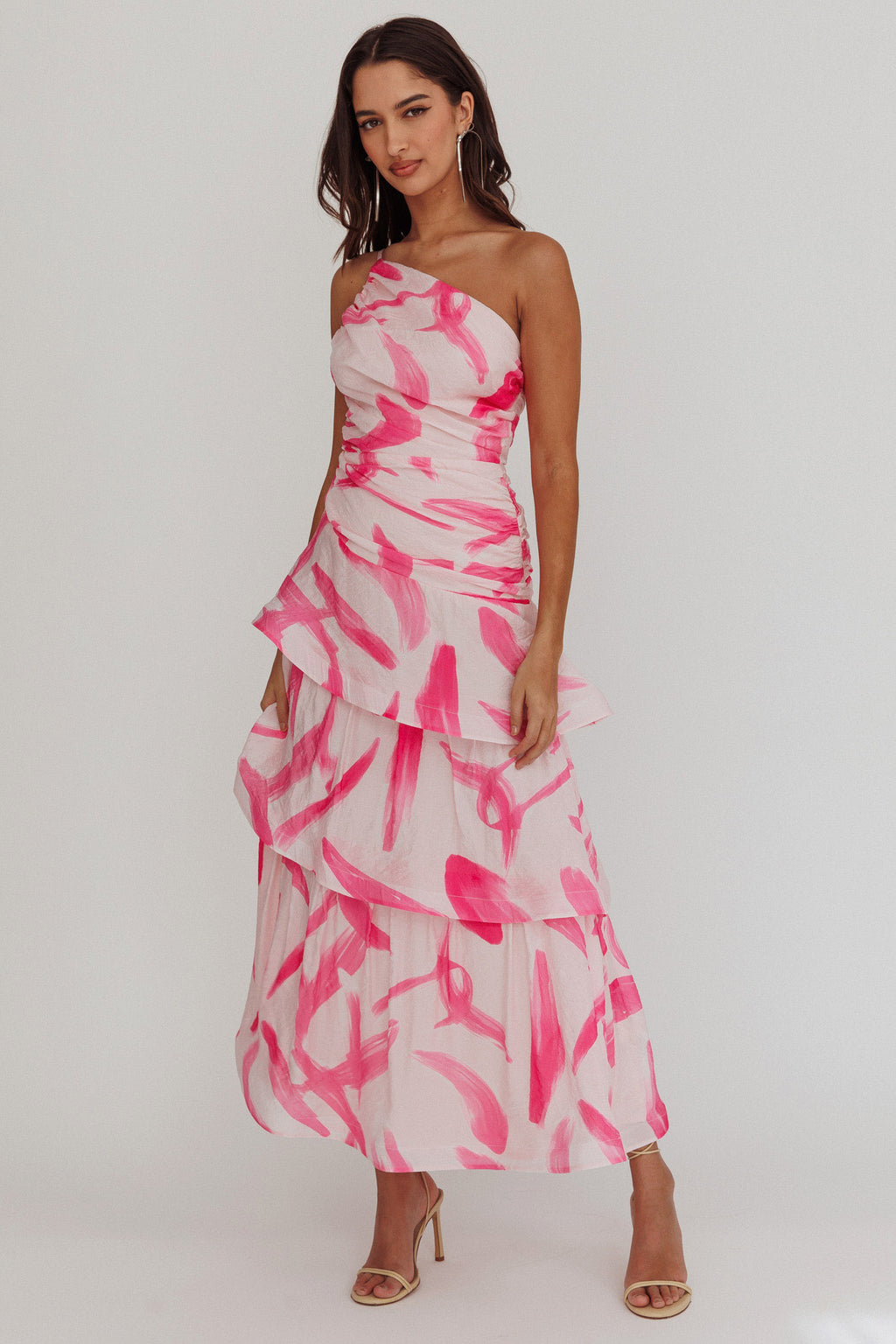 Kenny One Shoulder Tiered Maxi Dress Print Pink by Selfie Leslie Australia
