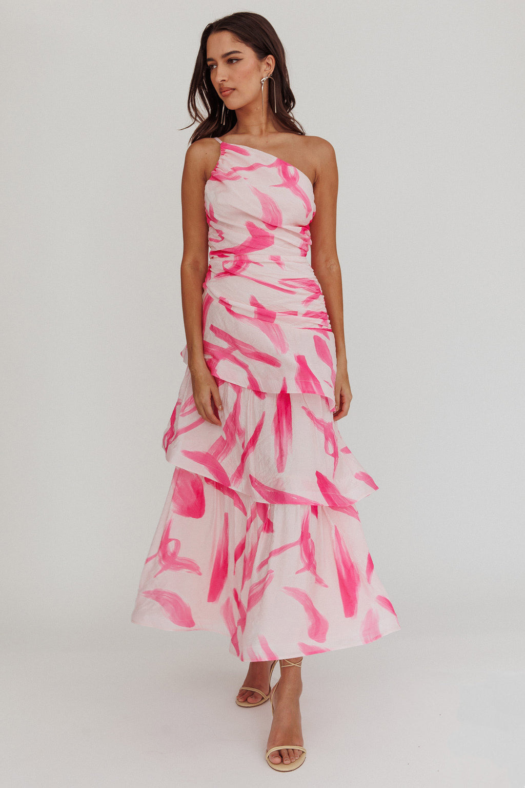 Kenny One Shoulder Tiered Maxi Dress Print Pink by Selfie Leslie Australia