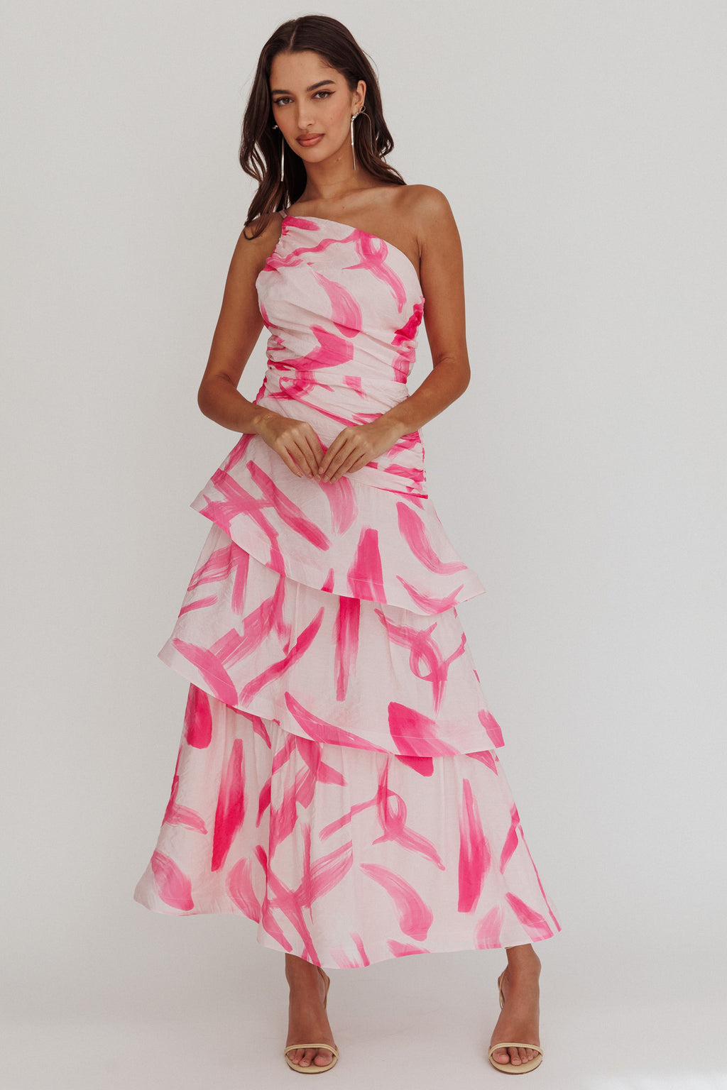 Kenny One Shoulder Tiered Maxi Dress Print Pink by Selfie Leslie Australia