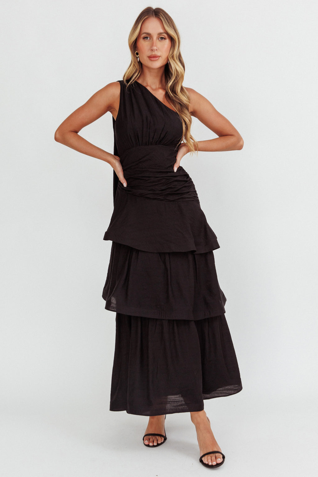 Kenny One Shoulder Tiered Maxi Dress Solid Black by Selfie Leslie Australia