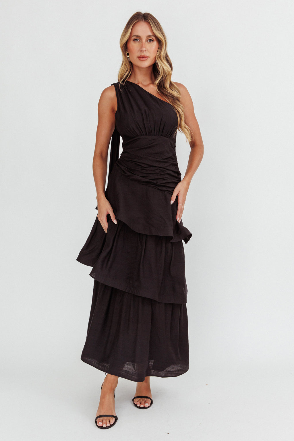 Kenny One Shoulder Tiered Maxi Dress Solid Black by Selfie Leslie Australia