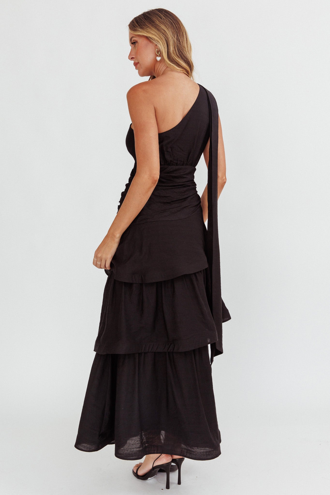 Kenny One Shoulder Tiered Maxi Dress Solid Black by Selfie Leslie Australia