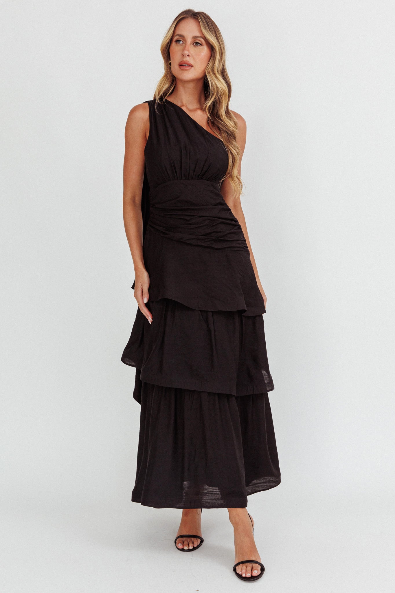 Kenny One Shoulder Tiered Maxi Dress Solid Black by Selfie Leslie Australia