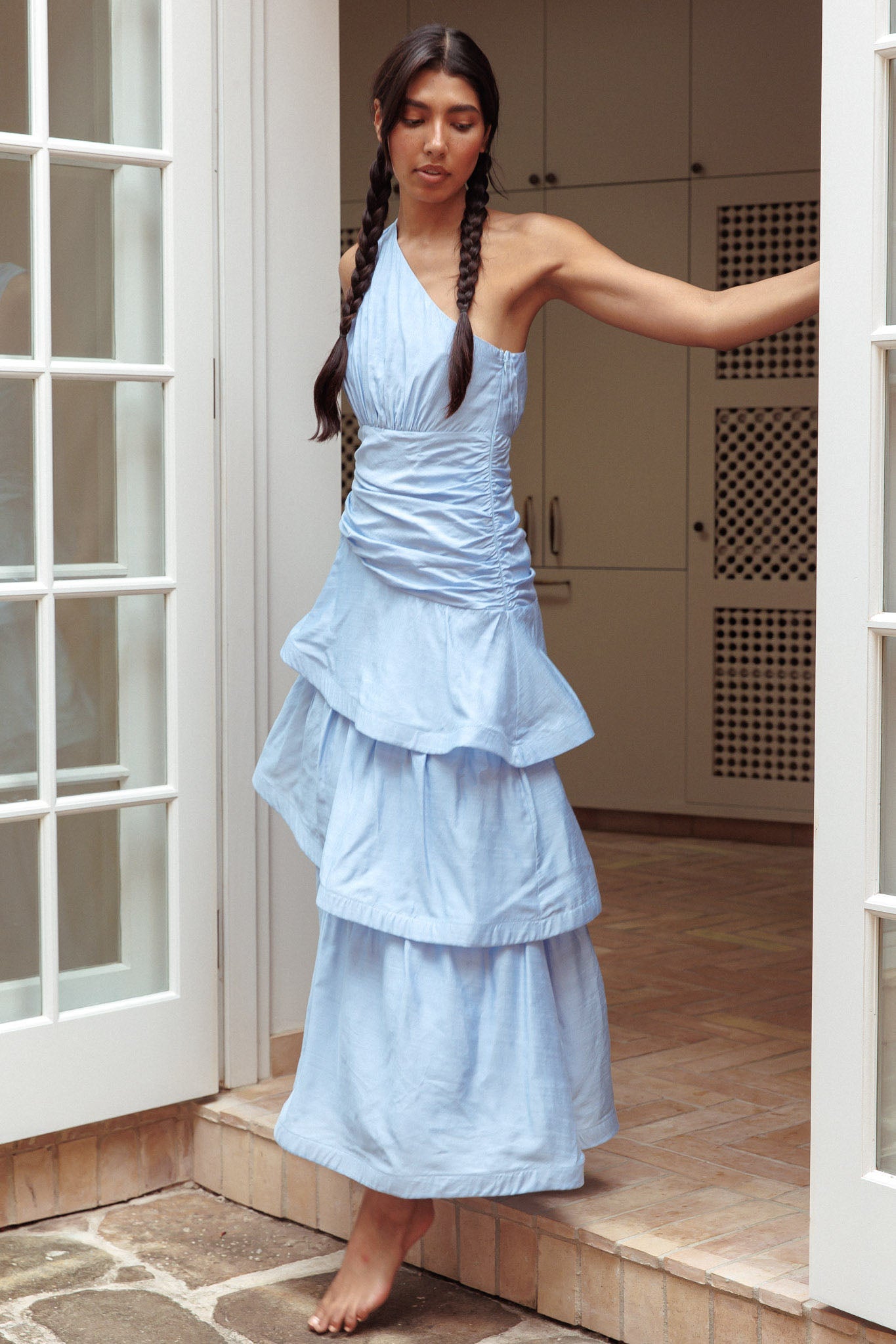 Shop the Kenny One Shoulder Tiered Maxi Dress Solid Blue