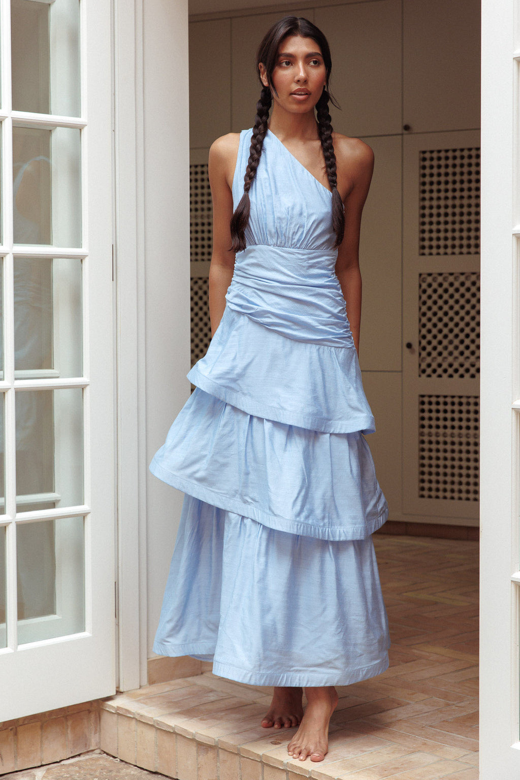 Kenny One Shoulder Tiered Maxi Dress Solid Blue by Selfie Leslie Australia