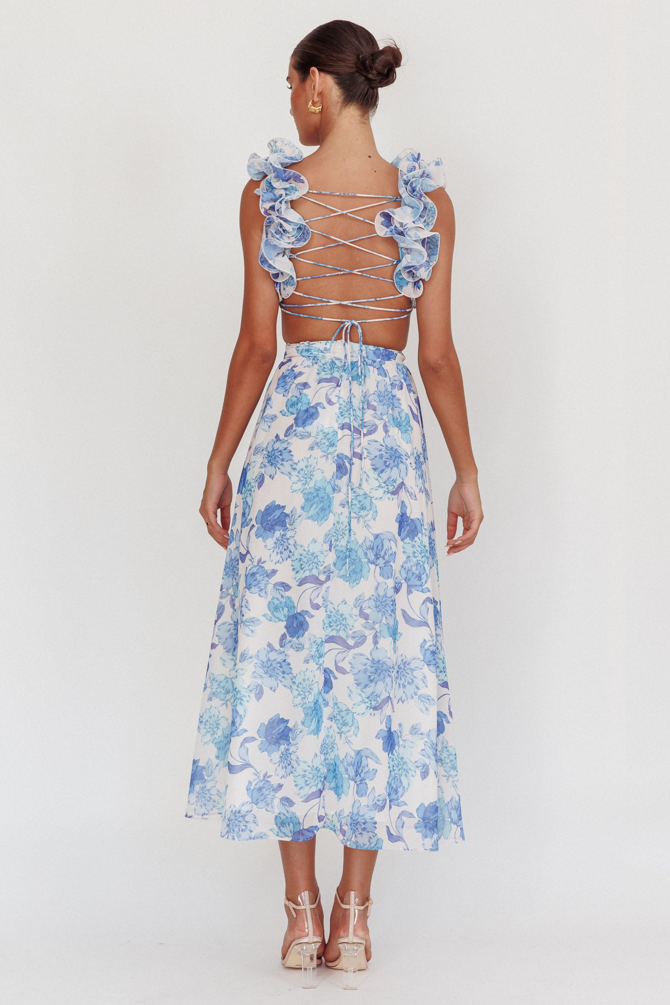 Doe Eyes Lace-Up Back Maxi Dress Floral Blue by Selfie Leslie Australia
