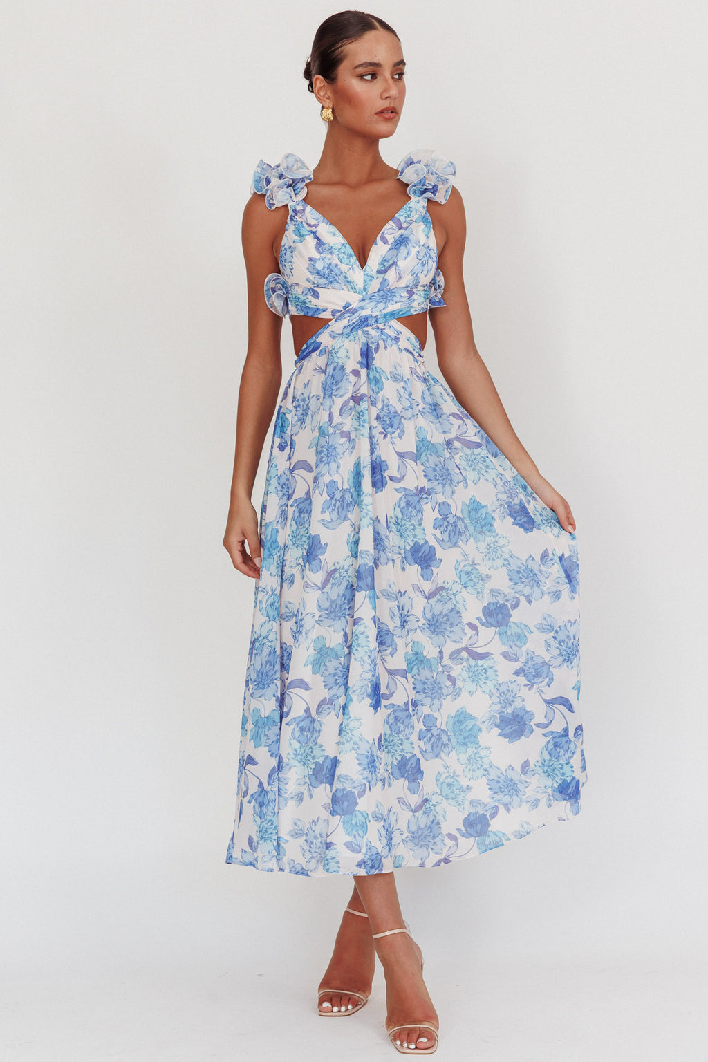 Doe Eyes Lace-Up Back Maxi Dress Floral Blue by Selfie Leslie Australia