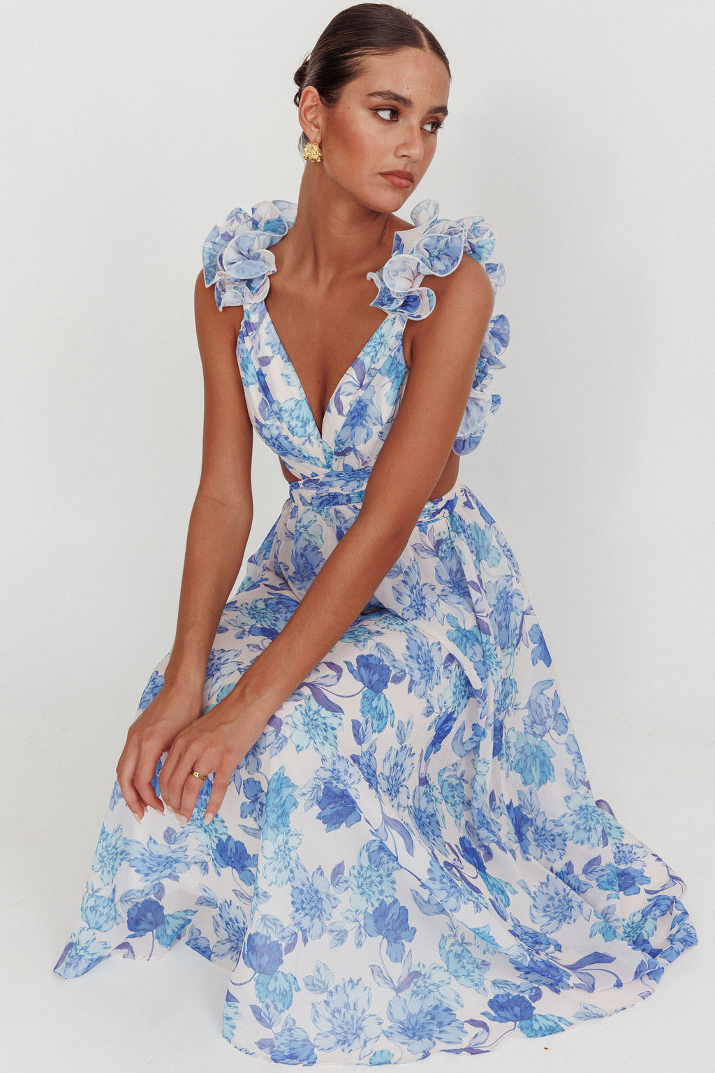 Doe Eyes Lace-Up Back Maxi Dress Floral Blue by Selfie Leslie Australia