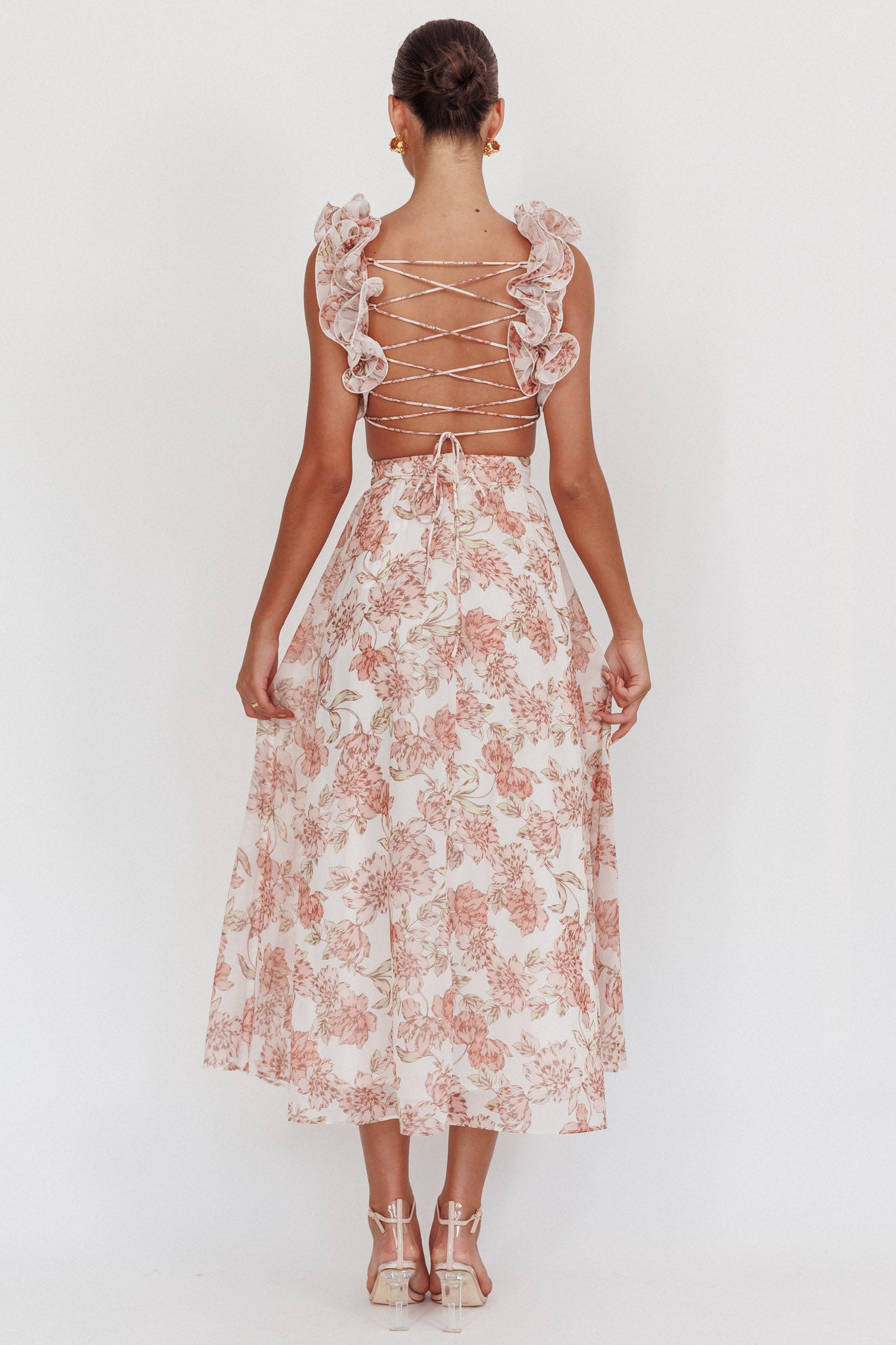 Doe Eyes Lace-Up Back Maxi Dress Floral Peach by Selfie Leslie Australia