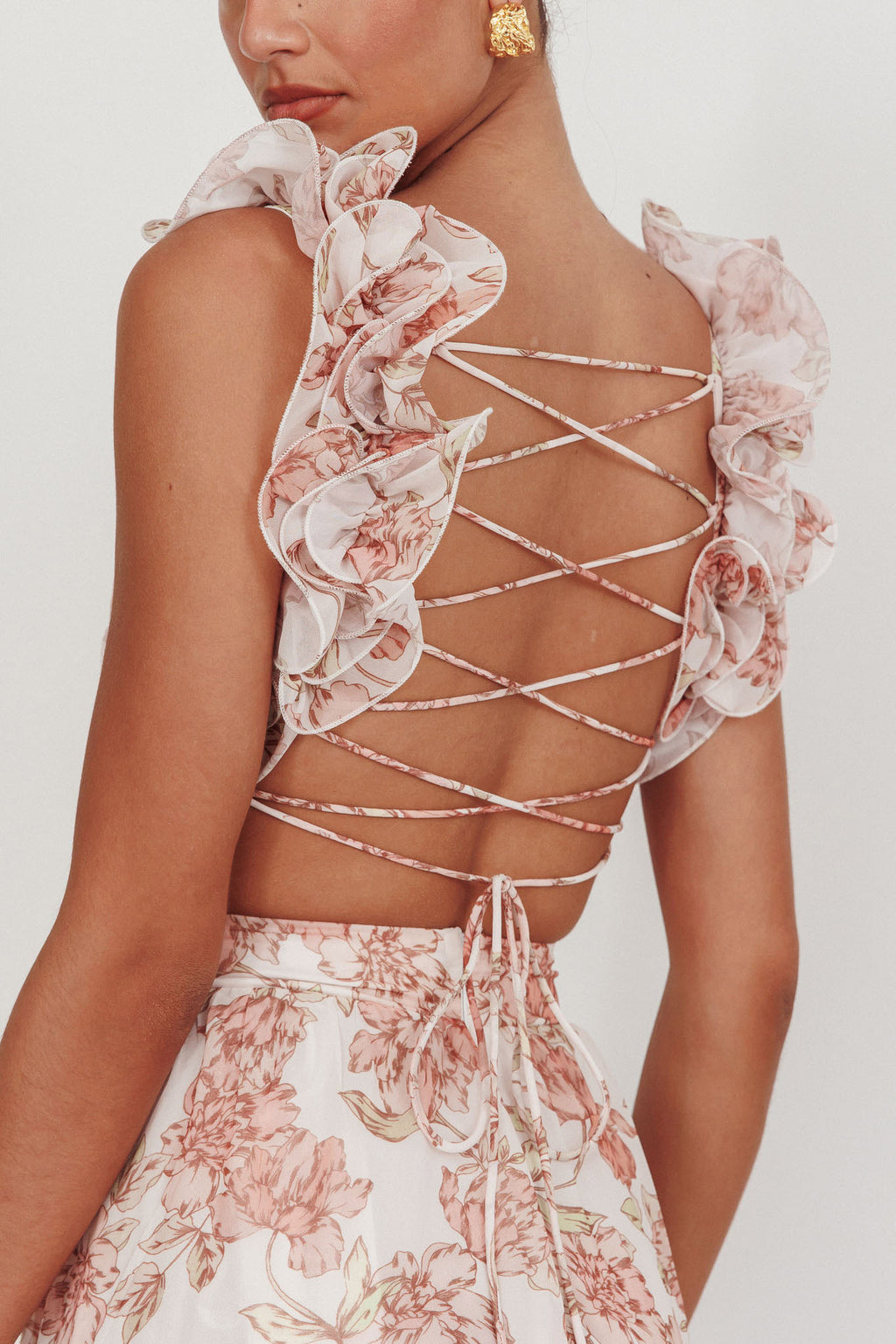 Doe Eyes Lace-Up Back Maxi Dress Floral Peach by Selfie Leslie Australia