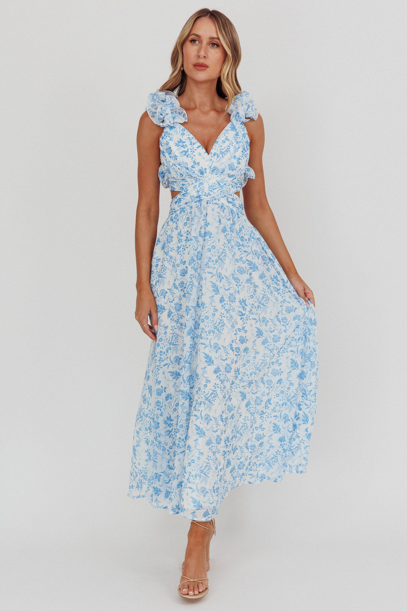 Madara Lace-Up Back Maxi Dress Flowers Blue by Selfie Leslie Australia