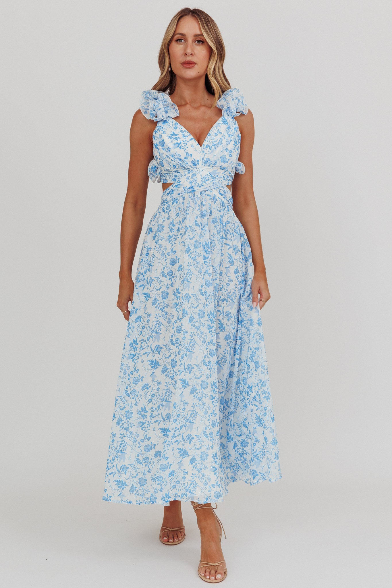 Madara Lace-Up Back Maxi Dress Flowers Blue by Selfie Leslie Australia