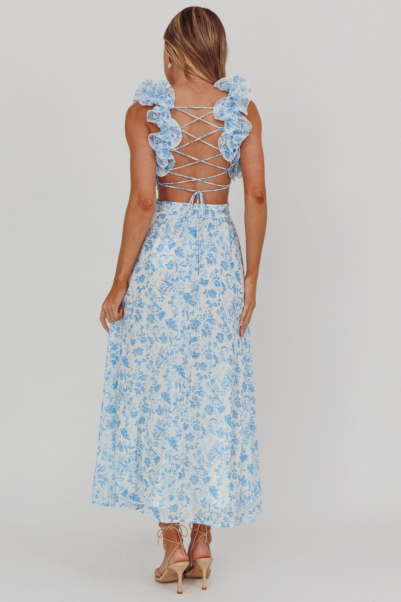 Madara Lace-Up Back Maxi Dress Flowers Blue by Selfie Leslie Australia