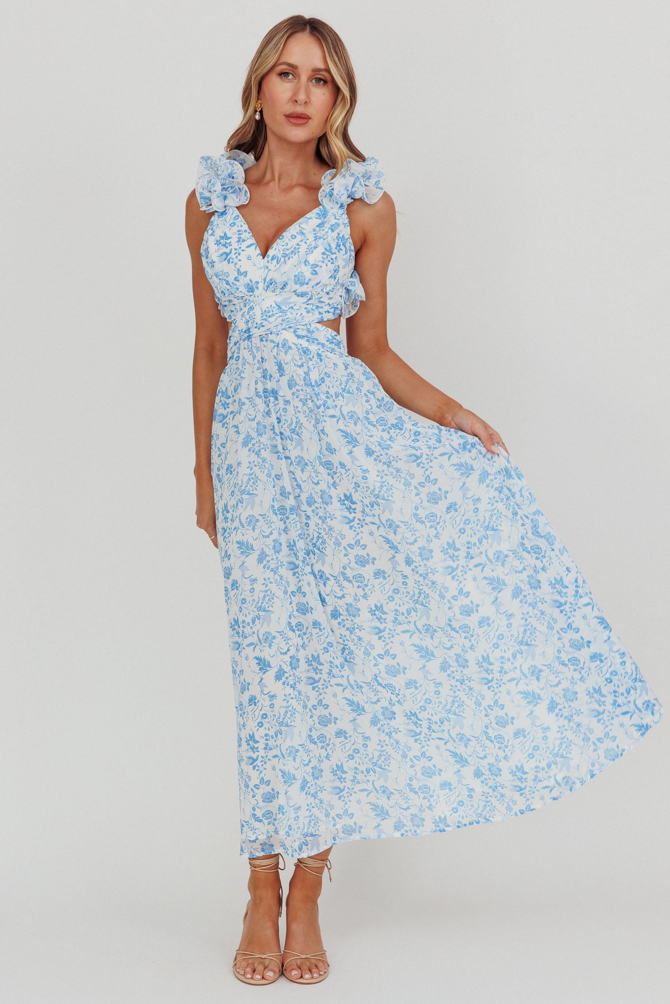 Madara Lace-Up Back Maxi Dress Flowers Blue by Selfie Leslie Australia
